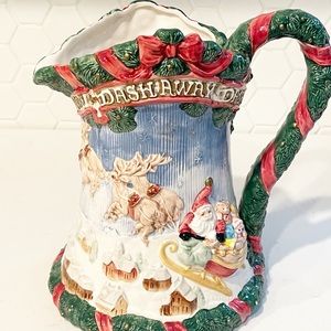 Fitz and Floyd Dash Away Christmas pitcher, 1993, 1 1/2 quart pitcher, Santa